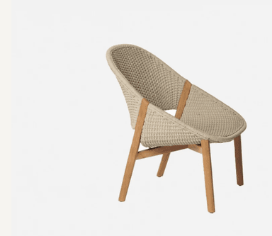 A contemporary lounge chair featuring a distinctive woven rope seat and backrest, supported by a solid wood frame. The chair has a low-slung profile and a wide, rounded shell, suggesting a relaxed seating experience. The natural materials and simple lines give it a modern, organic aesthetic. — 3D model