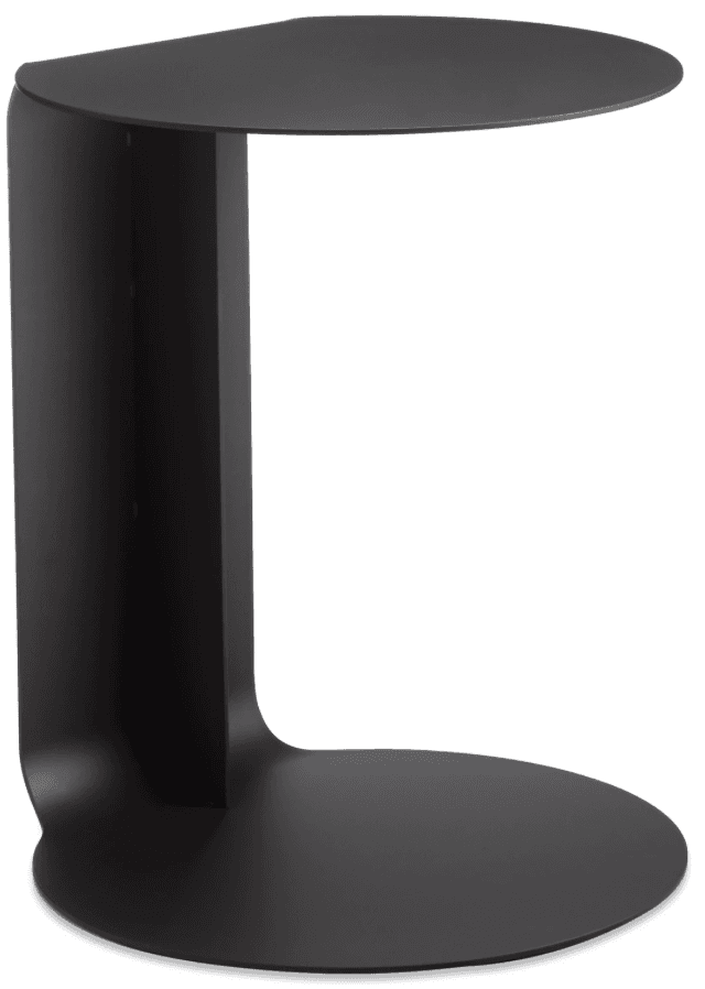 A modern, minimalist C-shaped side table rendered in a matte black finish. It features a flat, semi-circular tabletop and a matching circular base, connected by a rectangular vertical support, creating a cantilevered design. — 3D model