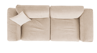 A top-down view of a contemporary two-seater loveseat, upholstered in a light beige, textured fabric. It features two large seat cushions, two rectangular back cushions, and wide, softly padded armrests that are integrated into the frame. A small square throw pillow rests on the left seat. — 3D model