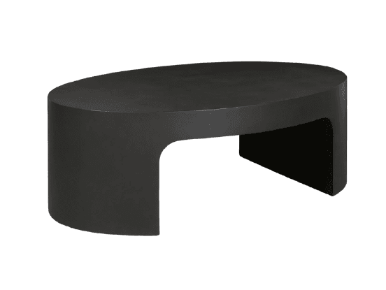 A dark gray, oval-shaped coffee table with a sculptural, monolithic design, featuring a continuous top and base structure. — 3D model