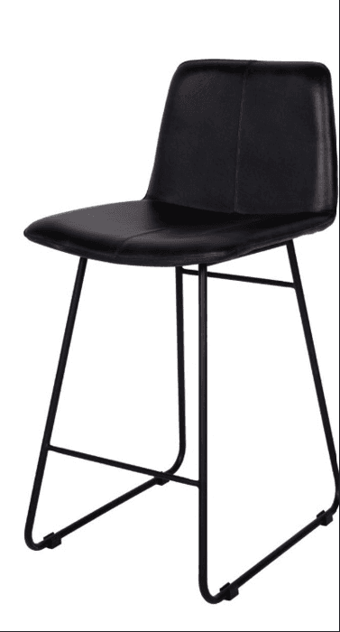 A contemporary black bar stool with a padded seat and backrest, supported by a slim black metal frame. The frame features a sled-style base with horizontal bracing for stability. — 3D model