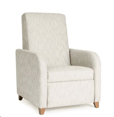 A modern upholstered recliner featuring a high back, broad track arms, and short, slightly tapered wooden legs. The chair is covered in a light beige, textured fabric and includes an integrated control panel for reclining functions on the inner right armrest. Its design is clean and contemporary. — 3D model