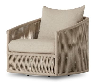 A contemporary armchair featuring a distinctive woven exterior crafted from a light beige synthetic rope. The chair has a rounded, barrel-like silhouette with integrated armrests and a high back. It is fitted with a comfortable, removable seat cushion and a back pillow, both upholstered in a matching neutral-toned fabric. The chair sits on a concealed low-profile swivel base, allowing for rotation. — 3D model