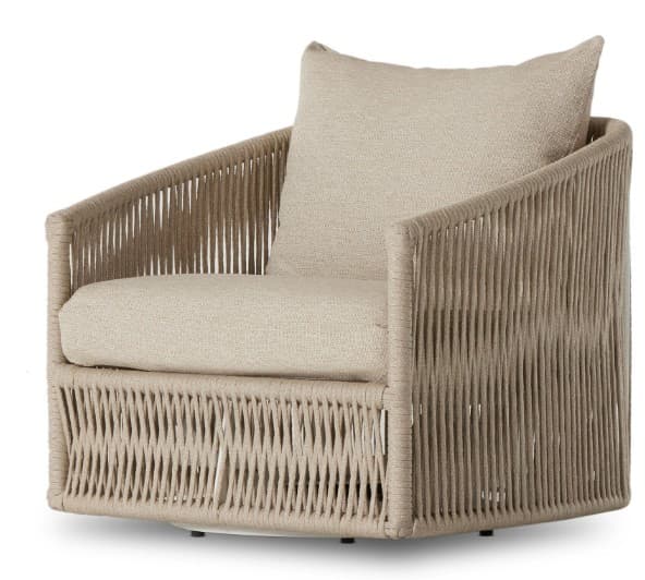 A contemporary armchair featuring a distinctive woven exterior crafted from a light beige synthetic rope. The chair has a rounded, barrel-like silhouette with integrated armrests and a high back. It is fitted with a comfortable, removable seat cushion and a back pillow, both upholstered in a matching neutral-toned fabric. The chair sits on a concealed low-profile swivel base, allowing for rotation. — 3D model