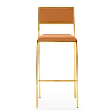 A modern bar stool with a gold metal frame and tan upholstered seat and backrest. The frame consists of thin, straight vertical legs connected by a horizontal footrest. The seat and backrest are rectangular and padded, upholstered in a smooth, light brown material. — 3D model