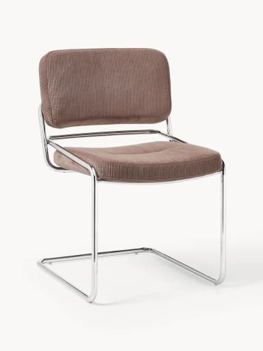A modern cantilever side chair featuring a polished chrome tubular frame and plush brown corduroy upholstery for the seat and backrest. — 3D model