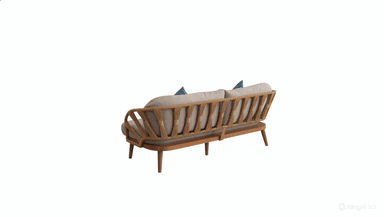 A three-seater sofa with a wooden frame and woven rope detailing on the backrest. The sofa has cushioned seating and back support, with two small accent pillows in a contrasting blue color. The legs are tapered and made of wood. — 3D model