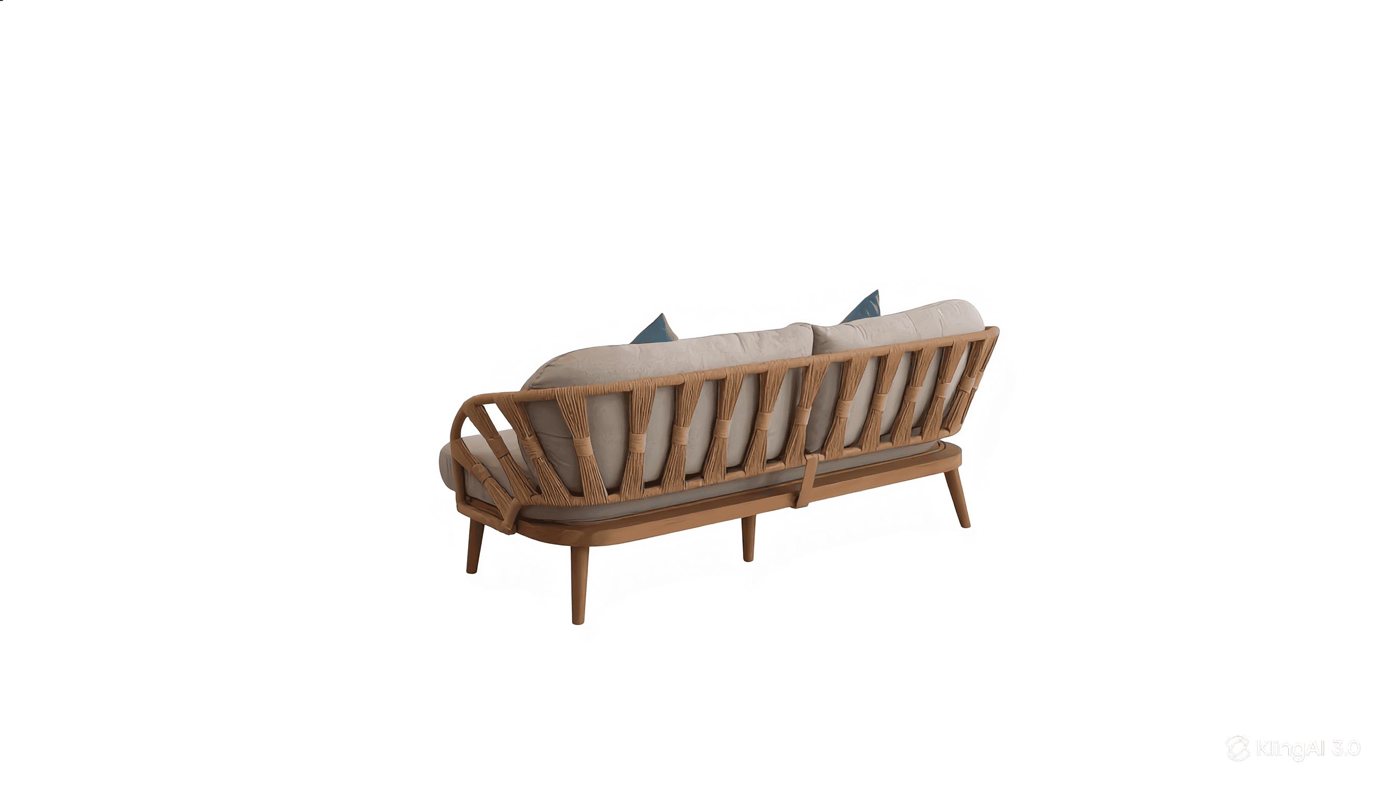 A three-seater sofa with a wooden frame and woven rope detailing on the backrest. The sofa has cushioned seating and back support, with two small accent pillows in a contrasting blue color. The legs are tapered and made of wood. — 3D model