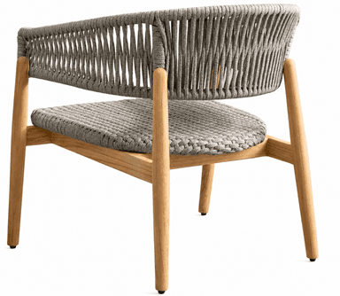A contemporary armchair featuring a light-toned wooden frame and a gray woven rope back and seat. The backrest gracefully curves around, seamlessly integrating the armrests. The seat also consists of a tightly woven gray rope panel. The chair is supported by four slender, slightly splayed, tapered wooden legs. — 3D model