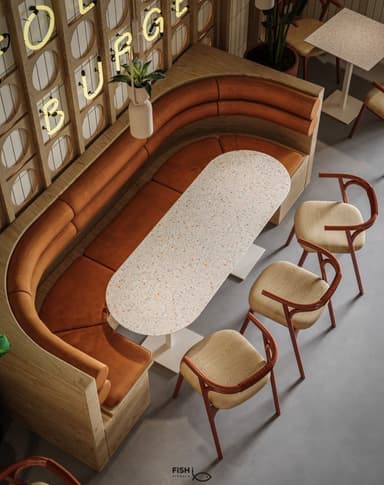 A U-shaped booth seating unit featuring a light-toned wooden exterior frame and orange/terracotta upholstered interior cushions. An oval terrazzo tabletop with white pedestal bases is integrated into the center of the booth. The design is modern and clean, suitable for a commercial or contemporary residential dining setting. — 3D model