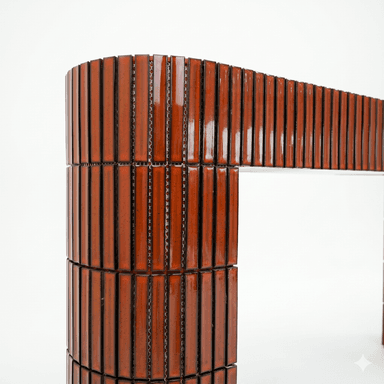 A console table with an organically curved top and a U-shaped base. The piece features a textured surface on the exterior of the base and the edges of the top, constructed from vertically aligned rectangular elements. The main body of the top and the interior of the base are finished in a solid, glossy reddish-brown color. — 3D model