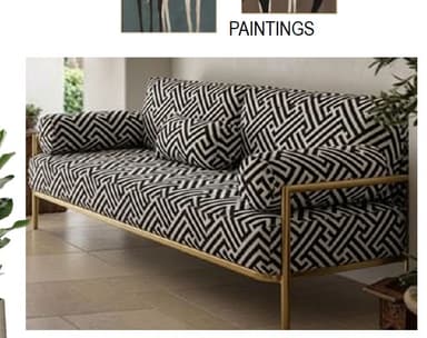 A modern daybed featuring a slim, polished gold-tone metal frame and plush cushions upholstered in a striking black and white geometric pattern. The daybed includes a deep seat cushion, two large back cushions, a small square accent pillow, and two cylindrical bolster cushions, all in the same fabric. The open-frame design supports the loose cushions. — 3D model