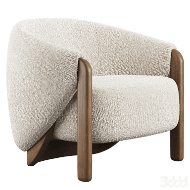 A contemporary armchair with a rounded, upholstered seat and back, supported by a wooden base and legs. The upholstery has a textured, boucle-like finish. The wooden elements feature a visible grain pattern and a warm, natural tone. — 3D model