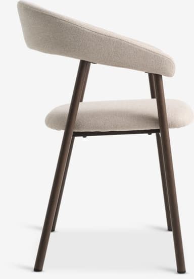 A modern dining chair featuring a dark-stained wooden frame and light beige upholstered seat and backrest. The backrest has a distinct curved shape that subtly integrates into the short armrests. The chair stands on four slender, round, straight legs. — 3D model