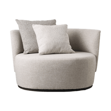 A modern upholstered armchair featuring a rounded silhouette and a textured light-colored fabric. It has an integrated curved backrest and armrests, with two additional toss pillows for comfort. The chair rests on a dark, circular plinth base, suggestive of a swivel mechanism. — 3D model