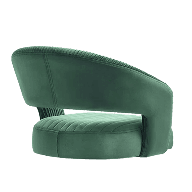 A modern accent chair with a curved backrest and seat upholstered in a plush, dark green velvet fabric. The upholstery features a distinctive ribbed or pleated texture throughout the seat and back, creating a visually dynamic surface. The chair has a low profile and appears to be armless, with a rounded silhouette. The base is not fully visible but seems integrated with the body of the chair. — 3D model