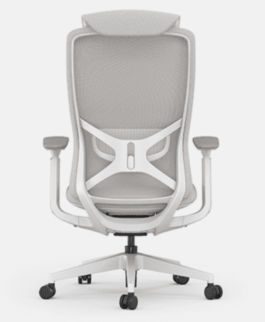 A contemporary ergonomic office chair featuring a high back with a headrest, upholstered in a light-colored mesh fabric, a padded seat, adjustable armrests, and a five-star caster base. — 3D model