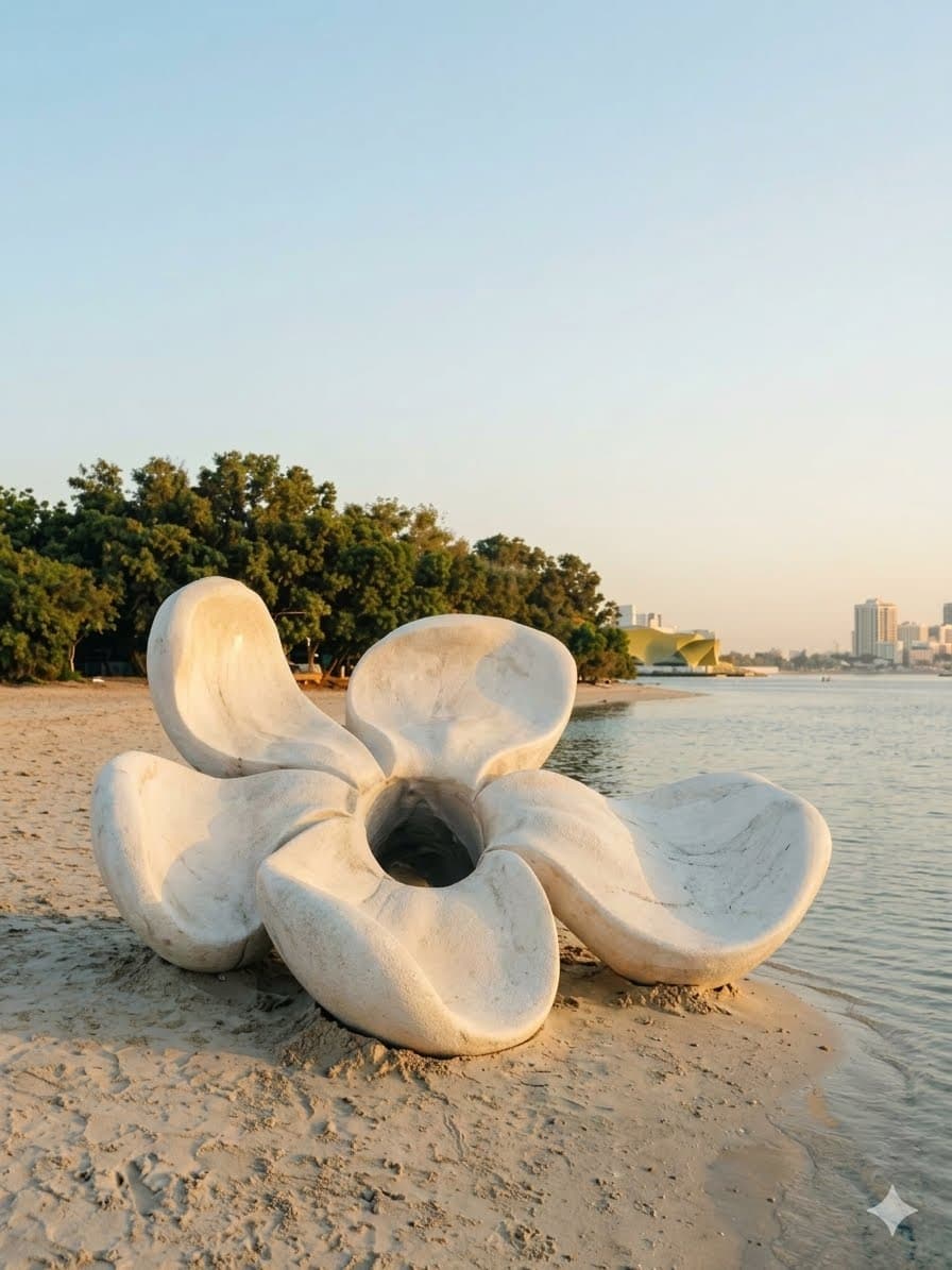 A unique, sculptural bench featuring a five-petal, flower-like design. It is rendered in a matte, off-white, textured material resembling stone or concrete, presenting an organic and modern aesthetic. Each petal appears to be a distinct seating area, converging towards a central, circular indentation. — 3D model