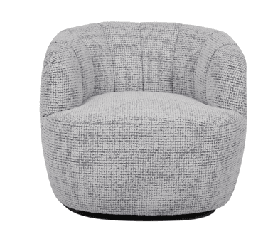 A light gray, barrel-shaped ottoman or pouf, fully upholstered in a textured fabric. The item features a subtly convex form that gently tapers towards a dark, recessed base. The fabric has a woven appearance with flecks of darker gray, providing visual depth. The top surface is softly rounded, suggesting a comfortable, padded fill. — 3D model