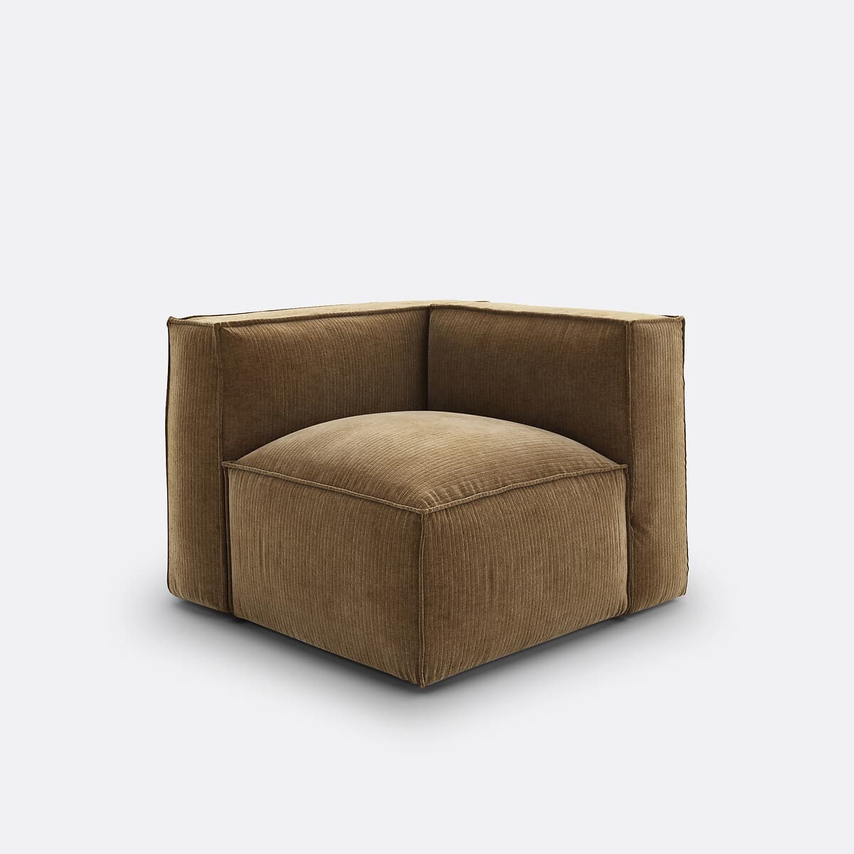 A low-profile, upholstered corner armchair with a modular design. It features a deep seat cushion and a wrap-around backrest forming a corner configuration. The upholstery has a distinct corduroy texture. — 3D model