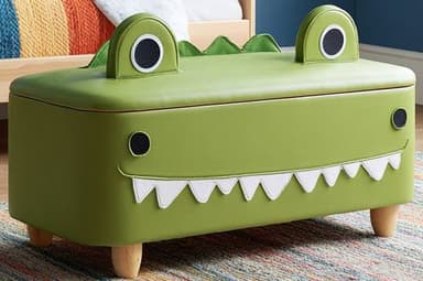 A green, rectangular children's storage ottoman designed to resemble a crocodile. It features a padded, upholstered lid, with a raised, serrated 'spine' detail along the top edge, and rounded 'eyes' on the lid's front. The body is adorned with black circular 'nostrils' or 'eyes' on the front, and a white, jagged 'mouth' detail. The unit stands on four short, splayed natural wooden legs. — 3D model