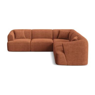 A modern modular L-shape sectional sofa upholstered in a ribbed, terracotta-colored fabric. The sofa consists of multiple connectable units, including corner pieces and armless sections, allowing for flexible configurations. It features soft, rounded edges and integrated armrests on the end pieces, presenting a contemporary and inviting aesthetic. Two matching throw pillows are visible, enhancing comfort. — 3D model