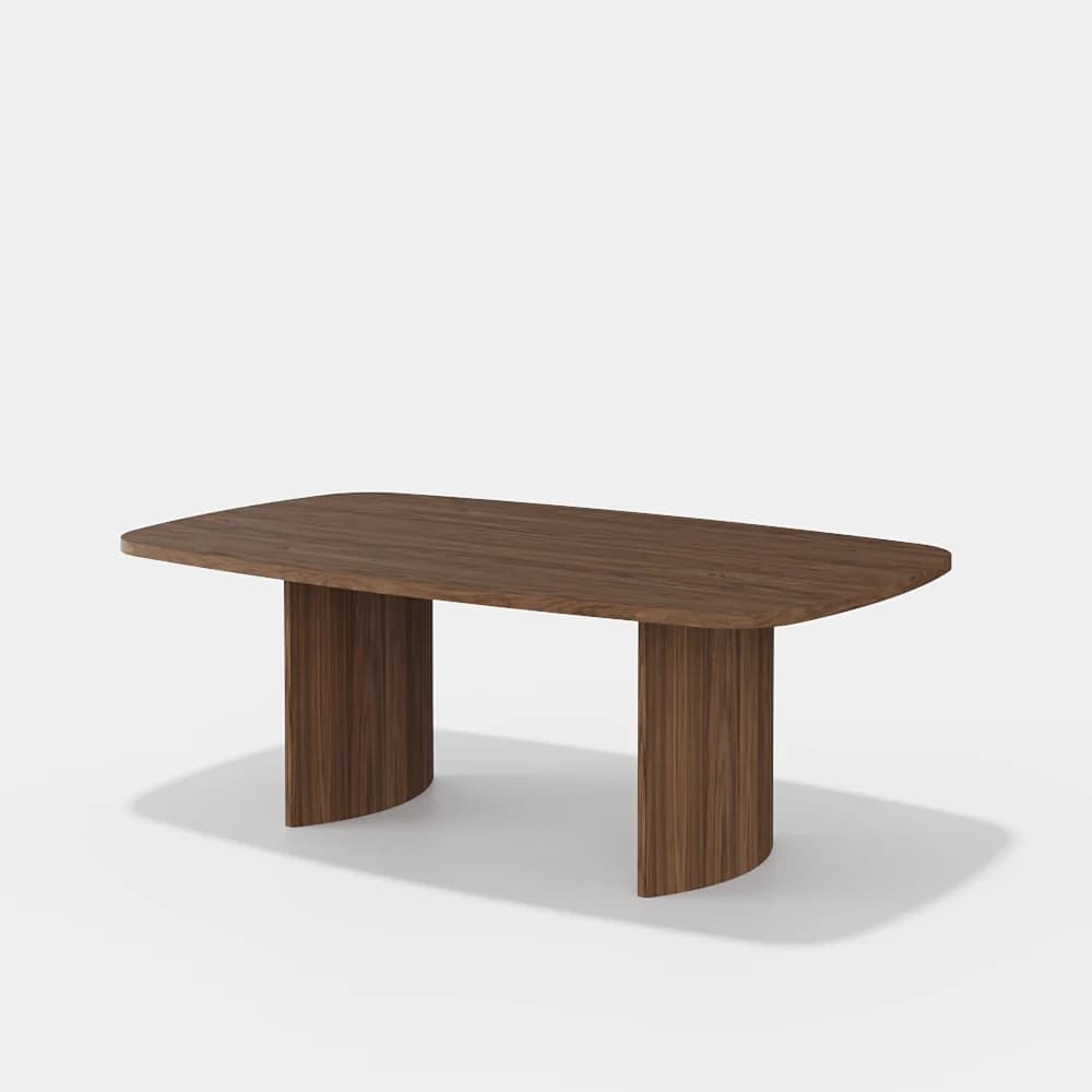A modern dining table with a rectangular top featuring rounded corners. It is supported by two curved, pedestal-style legs. The table exhibits a wood grain pattern. — 3D model