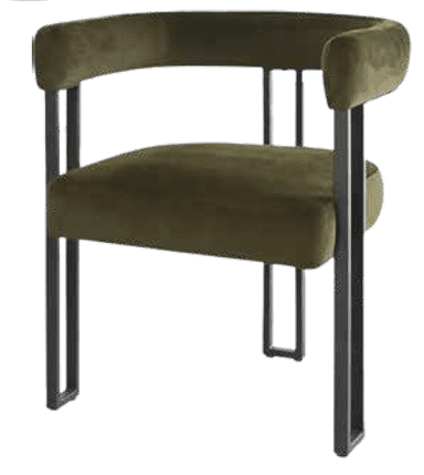 A contemporary armchair featuring olive green velvet upholstery and a black metal frame. The chair has a curved backrest that seamlessly integrates into the armrests, and a padded seat. The legs are constructed from square-profile metal tubing, creating an open, architectural base. — 3D model