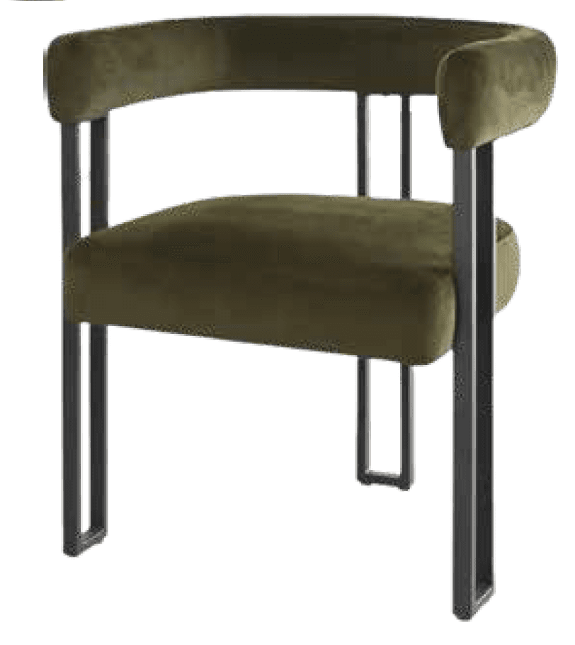 A contemporary armchair featuring olive green velvet upholstery and a black metal frame. The chair has a curved backrest that seamlessly integrates into the armrests, and a padded seat. The legs are constructed from square-profile metal tubing, creating an open, architectural base. — 3D model