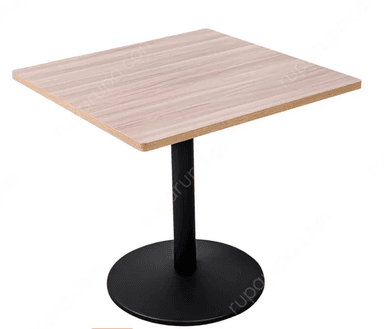 A modern square-top table featuring a light wood grain laminate surface and a sturdy matte black metal pedestal base with a circular foot. The design is minimalist and functional, suitable for various contemporary settings. — 3D model