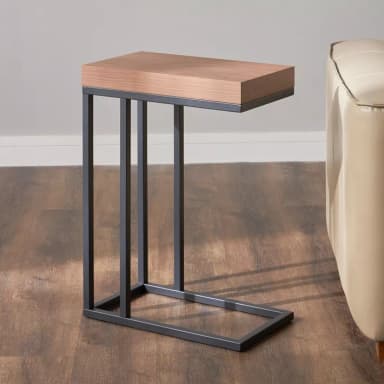 A modern side table with a rectangular, light wood top and a slender, dark metal frame. The frame has an open, C-shaped design with vertical supports and a lower shelf, also made of wood. — 3D model