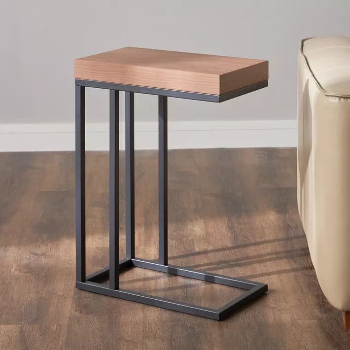 A modern side table with a rectangular, light wood top and a slender, dark metal frame. The frame has an open, C-shaped design with vertical supports and a lower shelf, also made of wood. — 3D model