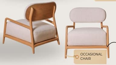 A modern lounge chair featuring an open, light-toned wooden frame and light-colored fabric upholstery. The chair has a block-like seat cushion and a curved, padded backrest, both upholstered in a neutral textile. The frame includes integrated armrests and four subtly splayed legs, giving it a minimalist and inviting appearance. The design emphasizes clean lines and natural materials. — 3D model