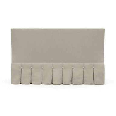 A cream-colored bench with a high back and a skirted base featuring inverted pleats and decorative buttons. The bench has a cushioned seat and backrest, upholstered in a textured fabric. — 3D model