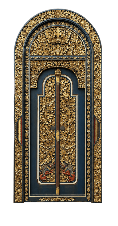 A highly ornate, arched wooden door featuring extensive gold-painted carvings against a dark blue background. The carvings depict intricate floral motifs and, near the bottom, stylized mythical creatures with red and black accents. The door has a central vertical beam with a brass-colored handle and a lock mechanism. The entire structure is framed by the heavy, dimensional carving. — 3D model