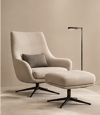 A modern lounge chair and matching ottoman featuring a light beige fabric upholstery and a black four-star swivel base. The chair has a high, slightly curved backrest, integrated armrests, and comes with a small rectangular gray lumbar pillow. The ottoman mirrors the chair's design with a padded top and identical swivel base. — 3D model