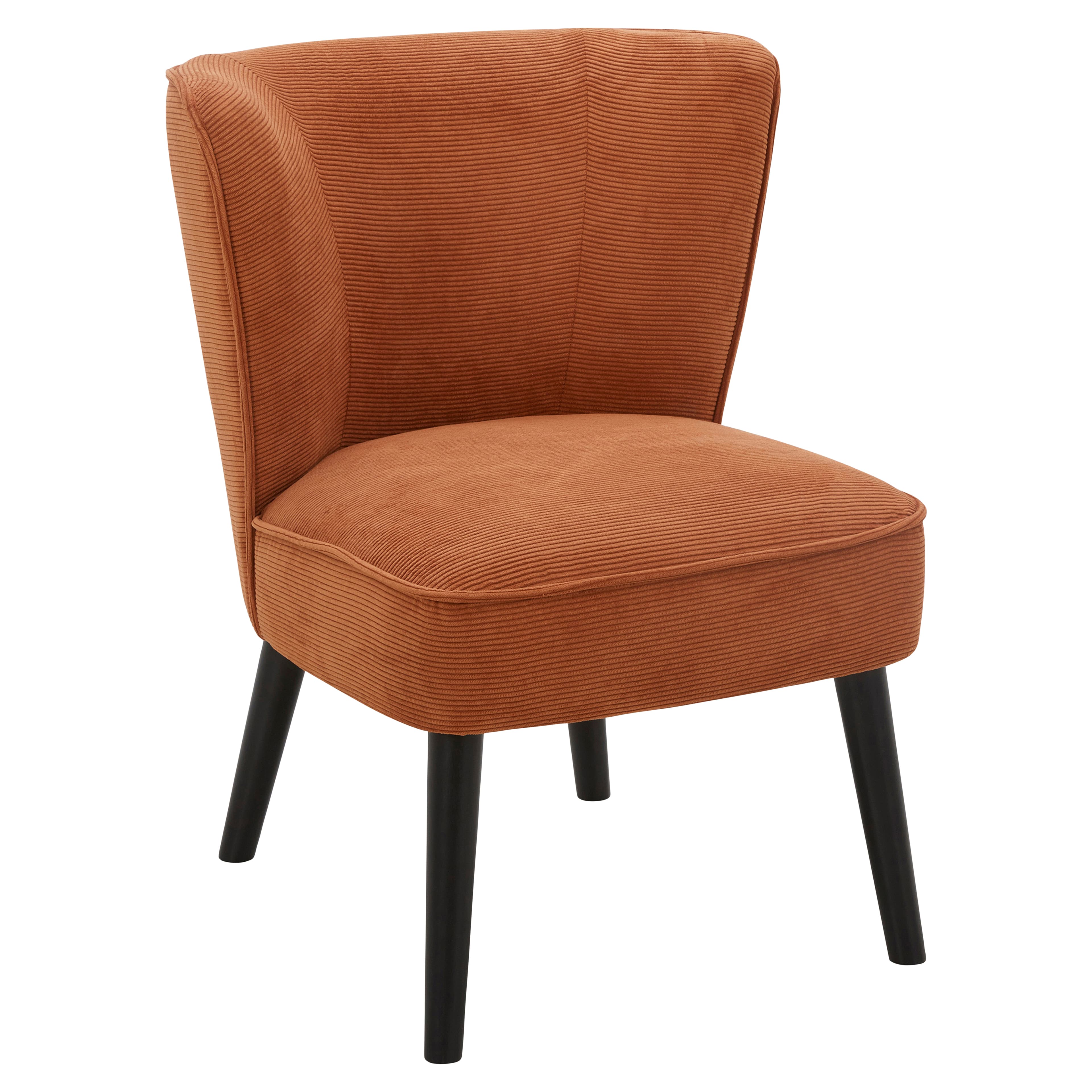 A contemporary accent chair upholstered in a rust-orange ribbed corduroy fabric. It features a curved, semi-wingback design with integrated low arms and a fixed seat cushion. The chair is supported by four slender, tapered black legs. — 3D model