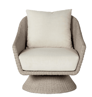 A swivel armchair with a rounded, enveloping backrest and arms. The base is a wide, tapered pedestal that allows for rotation. The construction appears to be woven, likely synthetic rattan or wicker, giving it a textured, naturalistic appearance. It is upholstered with thick, light-colored cushions for the seat and back. — 3D model
