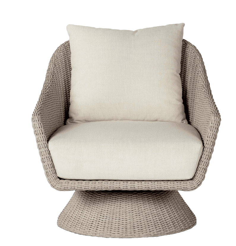 A swivel armchair with a rounded, enveloping backrest and arms. The base is a wide, tapered pedestal that allows for rotation. The construction appears to be woven, likely synthetic rattan or wicker, giving it a textured, naturalistic appearance. It is upholstered with thick, light-colored cushions for the seat and back. — 3D model