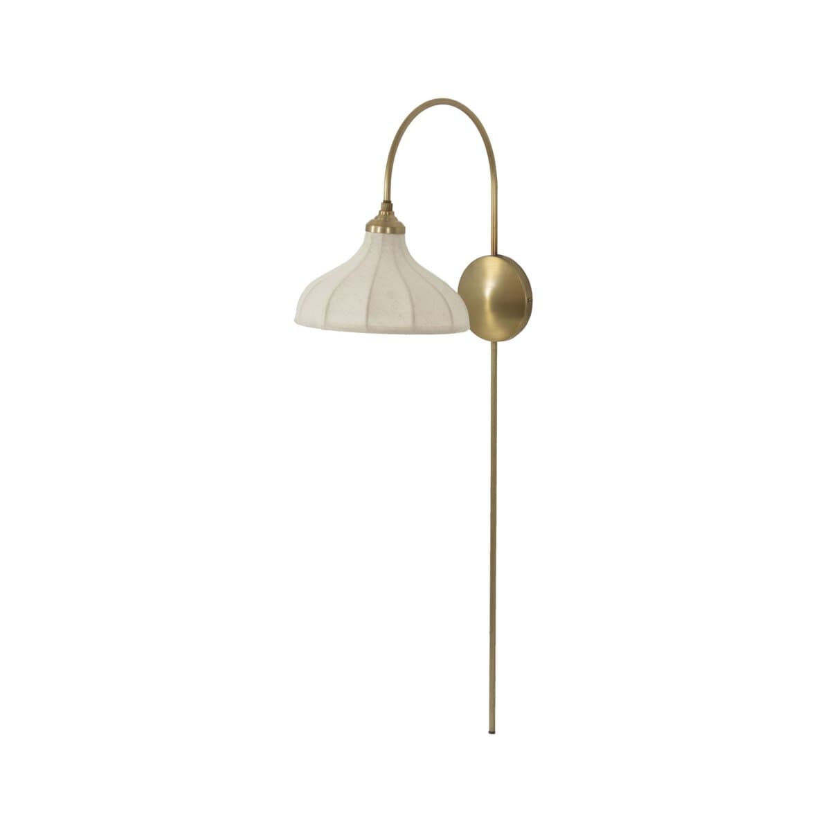 A modern wall sconce featuring a brass finish, an arched arm, a circular backplate, and a textured, ribbed fabric shade. A long, slender rod extends downwards from the backplate, which might be decorative or conceal wiring. — 3D model