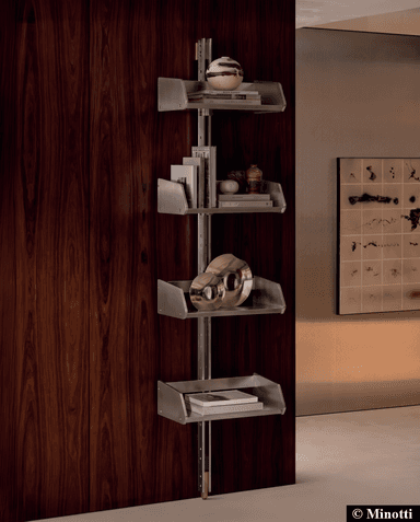 A 3D render of a wall-mounted shelving system featuring four identical, rectangular, open-front shelves made of a brushed metallic material, attached to a central vertical support pole. — 3D model