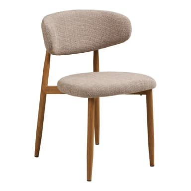 A modern dining chair featuring a light beige textured fabric upholstery on both the seat and the subtly curved backrest. The frame and legs are constructed from light-toned wood, with a minimalist design that includes subtly tapered legs. The backrest appears to be supported by two vertical wooden struts that extend from the rear legs and connect to the upholstered back. — 3D model