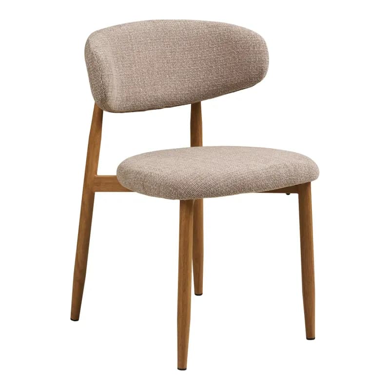 A modern dining chair featuring a light beige textured fabric upholstery on both the seat and the subtly curved backrest. The frame and legs are constructed from light-toned wood, with a minimalist design that includes subtly tapered legs. The backrest appears to be supported by two vertical wooden struts that extend from the rear legs and connect to the upholstered back. — 3D model