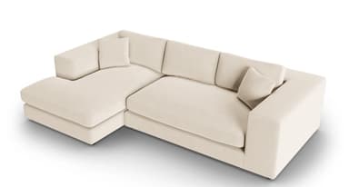 A sectional sofa with a chaise lounge extension. It features a low profile with clean lines and plush cushions. The sofa is upholstered in a light-colored fabric and includes several back cushions and two armrest pillows. — 3D model