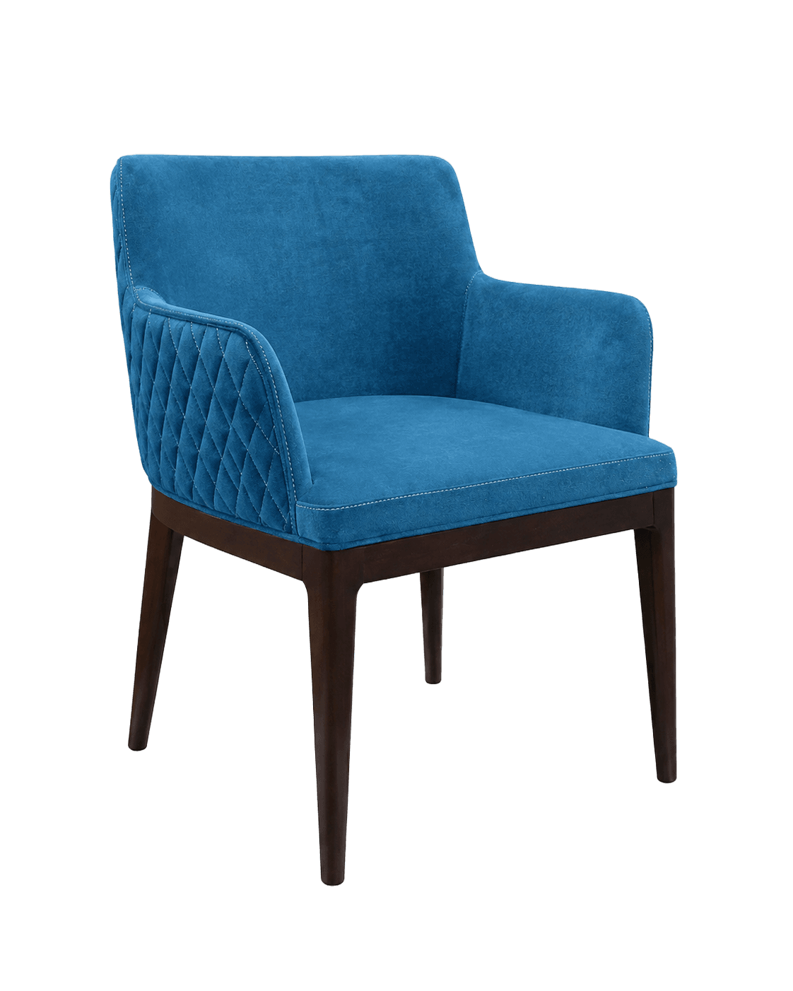 An upholstered armchair with a vibrant blue velvet-like fabric, featuring diamond quilting on the outer backrest and armrests, supported by dark, tapered wooden legs. — 3D model