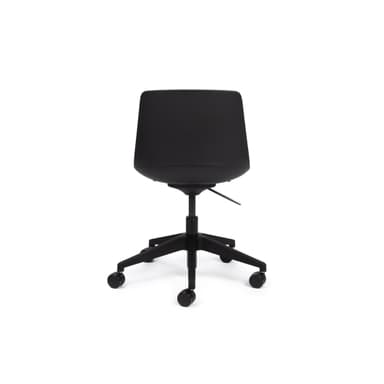 An armless swivel office chair featuring a black plastic backrest and a vibrant orange upholstered fabric seat. It sits on a black five-star base with casters and includes a lever for height adjustment. — 3D model