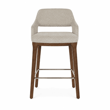 A modern bar stool with a upholstered seat and backrest, supported by wooden legs and a metal footrest. — 3D model