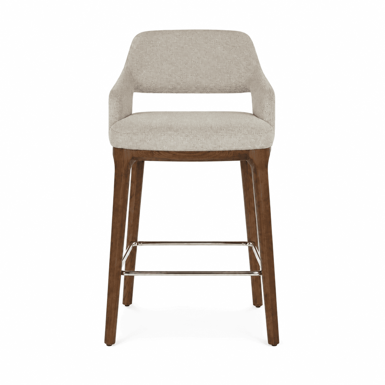 A modern bar stool with a upholstered seat and backrest, supported by wooden legs and a metal footrest. — 3D model