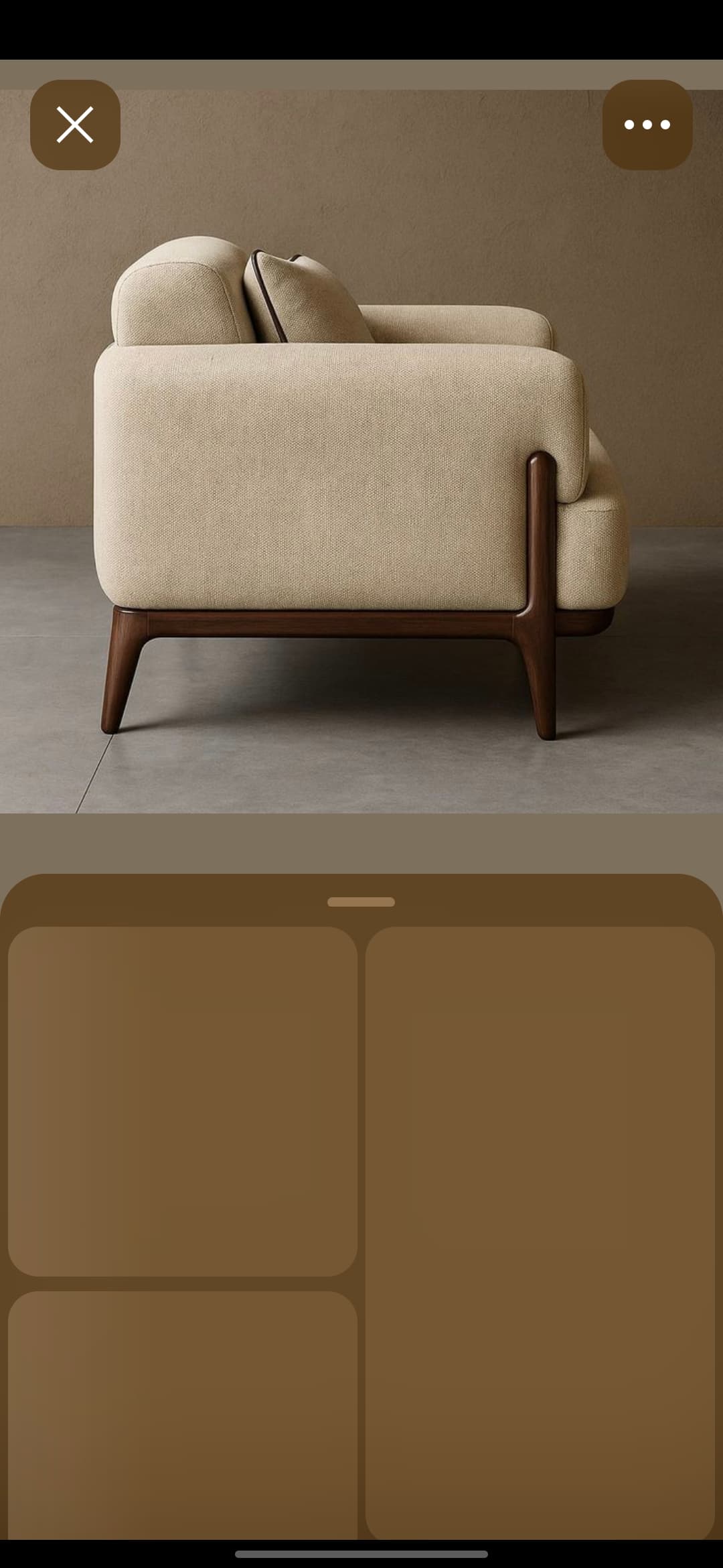 A modern sofa with a upholstered frame and cushions. The sofa features tapered wooden legs and a subtle trim on the cushions. — 3D model