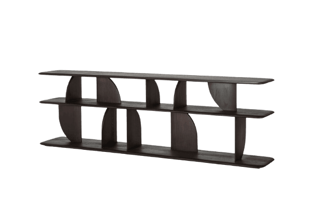 A low, wide shelving unit crafted from dark wood, featuring three horizontal tiers. The shelves are supported by multiple vertical dividers, each designed with a distinctive semi-circular or wave-like cut-out, creating open and visually dynamic compartments. The edges of the shelves are gently rounded. — 3D model